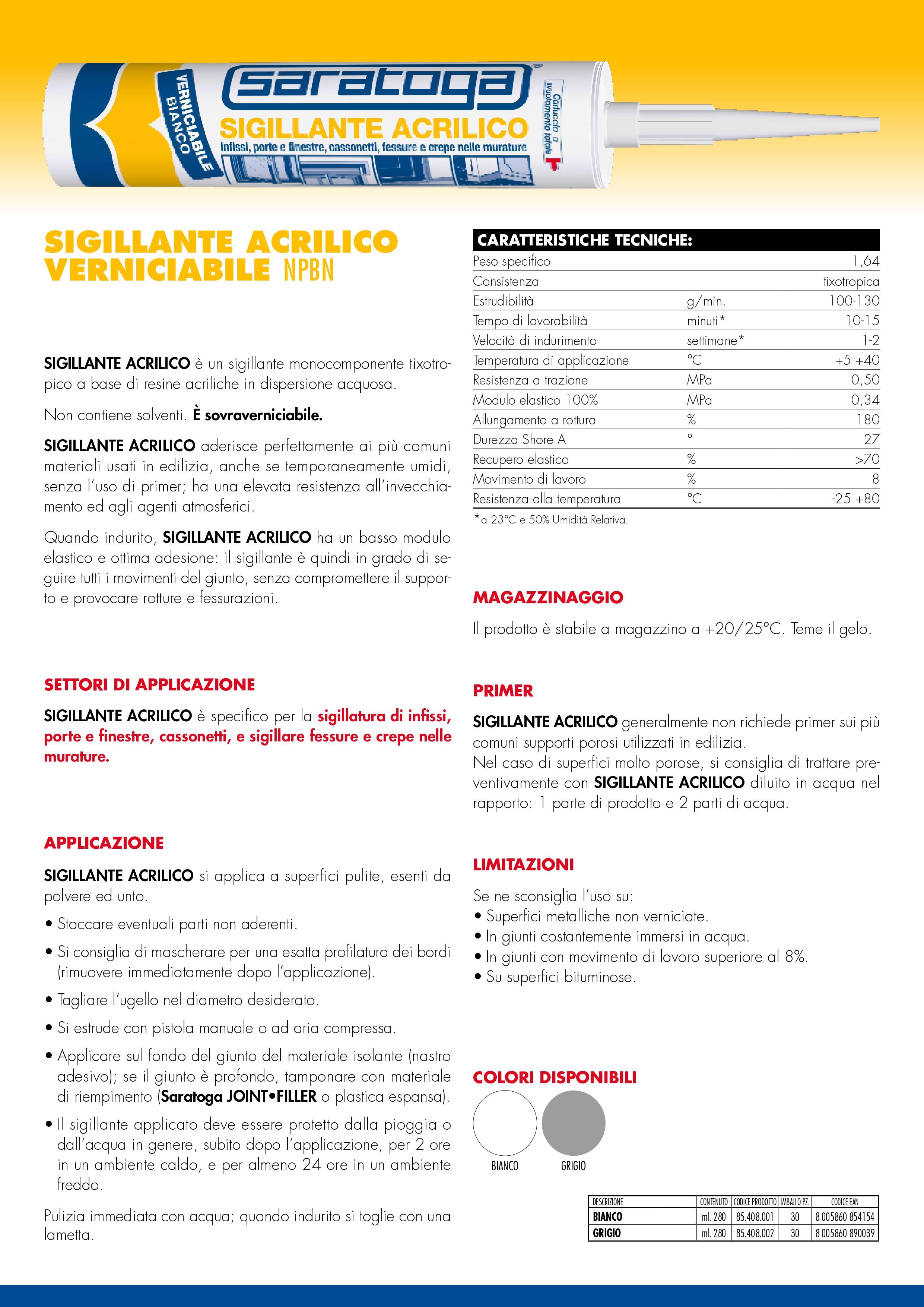 SARATOGA -SILICONE Sigillante Acrilico Bianco Verniciabile NPBN ML.280