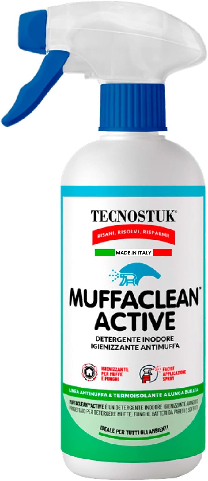 Tecnostuk Muffaclean Active Detergente Inodore Igienizzante Antimuffa Antifungino Pronto all'Uso per Muri e Pareti Classe A+ Made in Italy con Applicatore Spray - Flacone da 250ml