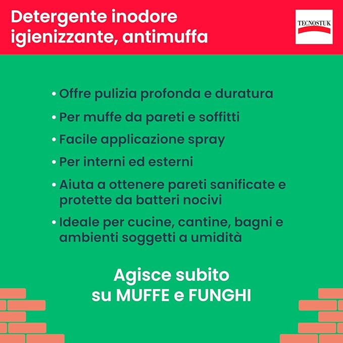 Tecnostuk Muffaclean Active Detergente Inodore Igienizzante Antimuffa Antifungino Pronto all'Uso per Muri e Pareti Classe A+ Made in Italy con Applicatore Spray - Flacone da 250ml