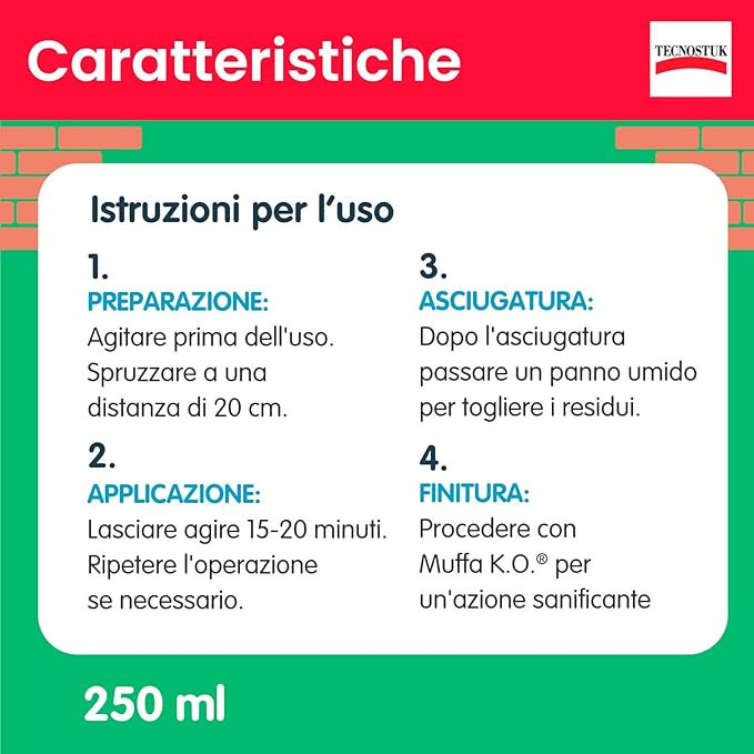 Tecnostuk Muffaclean Active Detergente Inodore Igienizzante Antimuffa Antifungino Pronto all'Uso per Muri e Pareti Classe A+ Made in Italy con Applicatore Spray - Flacone da 250ml