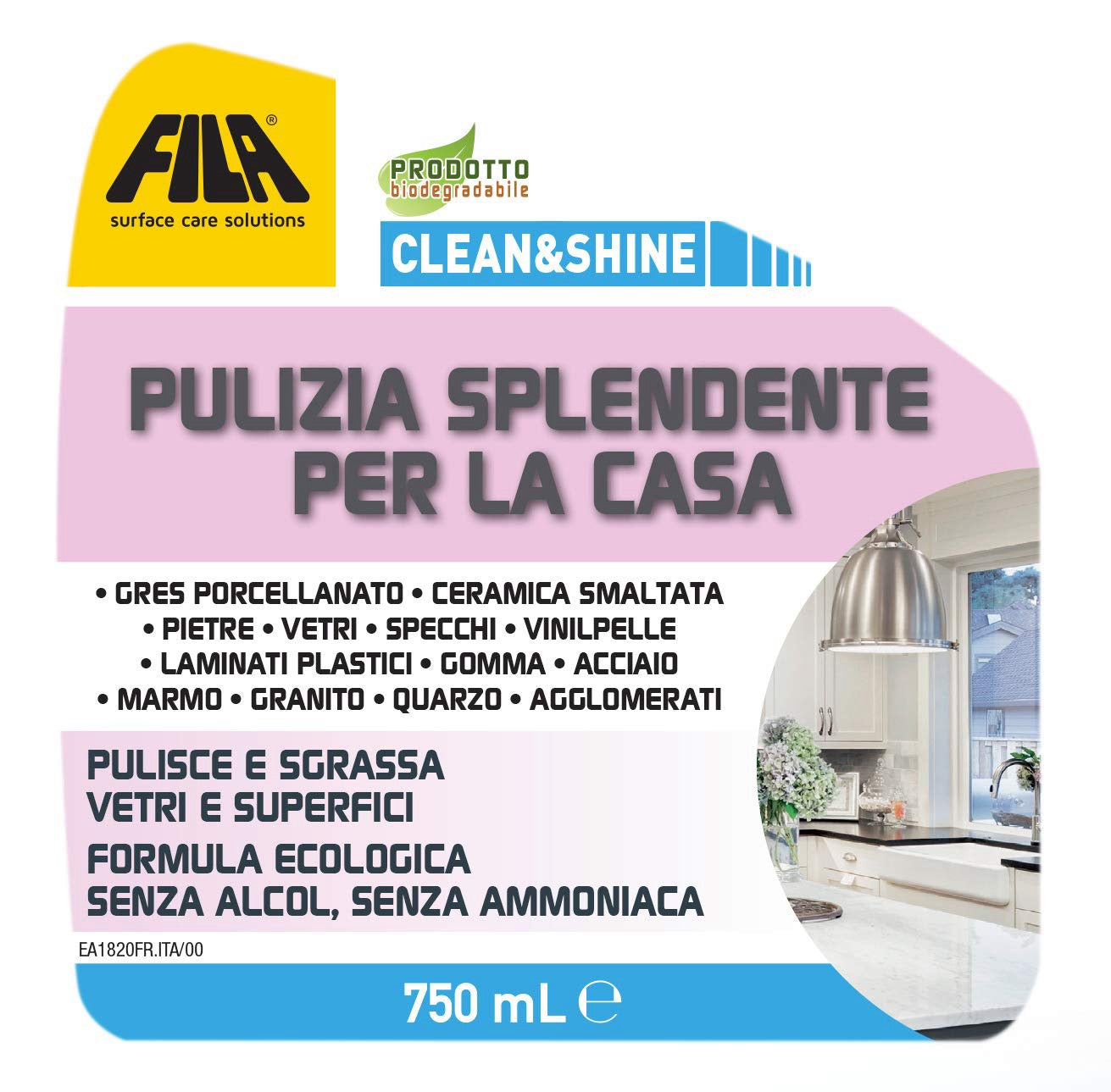 FILA Surface Care Solutions CLEAN&SHINE, Detergente Spray Multisuperficie per la Casa, 750 ml