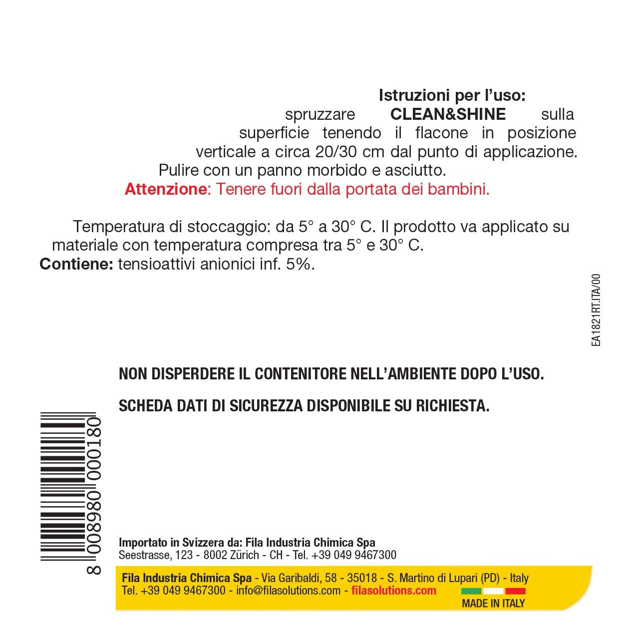 FILA Surface Care Solutions CLEAN&SHINE, Detergente Spray Multisuperficie per la Casa, 750 ml