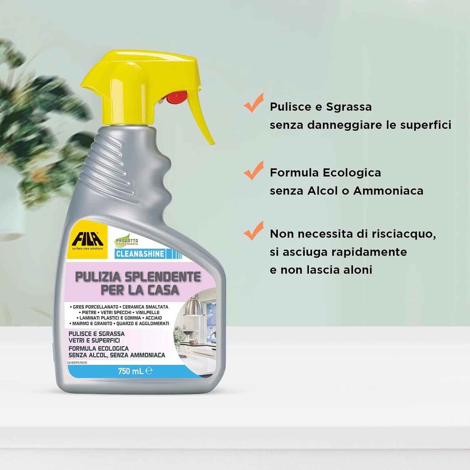 FILA Surface Care Solutions CLEAN&SHINE, Detergente Spray Multisuperficie per la Casa, 750 ml
