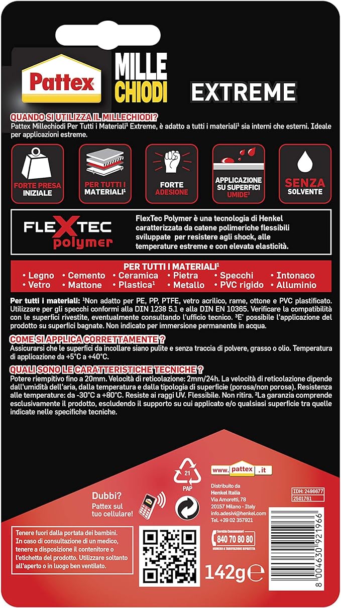 PATTEX MILLECHIODI EXTREME COLLA DI MONTAGGIO PER TUTTI I MATERIALI IN AMBIENTI INTERNI ED ESTERNI - FLACONE DA 142G