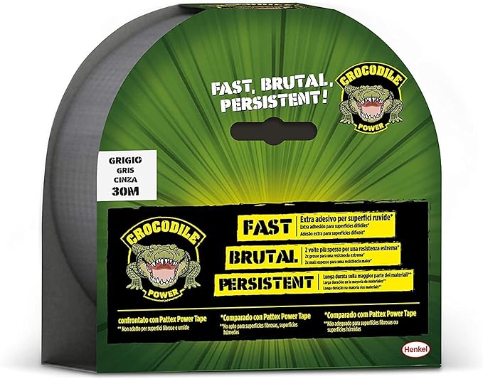 Pattex Crocodile Power Tape, Potente Nastro Telato 2 Volte Più Spesso, Nastro Extra Forte per Riparazioni, Nastro Adesivo per Molti Materiali, 30 m x 50 mm