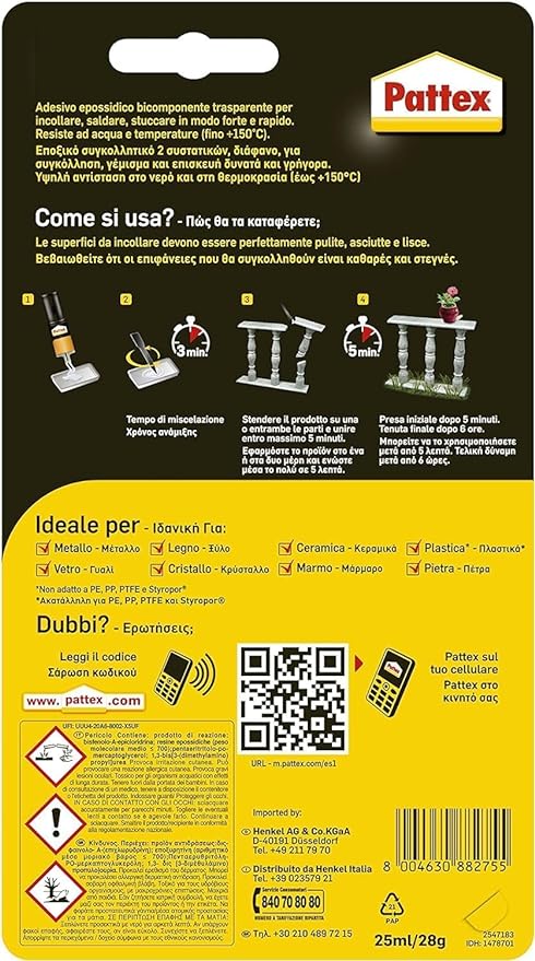 Pattex Power Epoxy Saldatutto Mix 5 minuti, forte colla epossidica bicomponente, colla bicomponente per plastica a elevata tenuta finale, colla multiuso multimateriale, trasparente, 1x28g