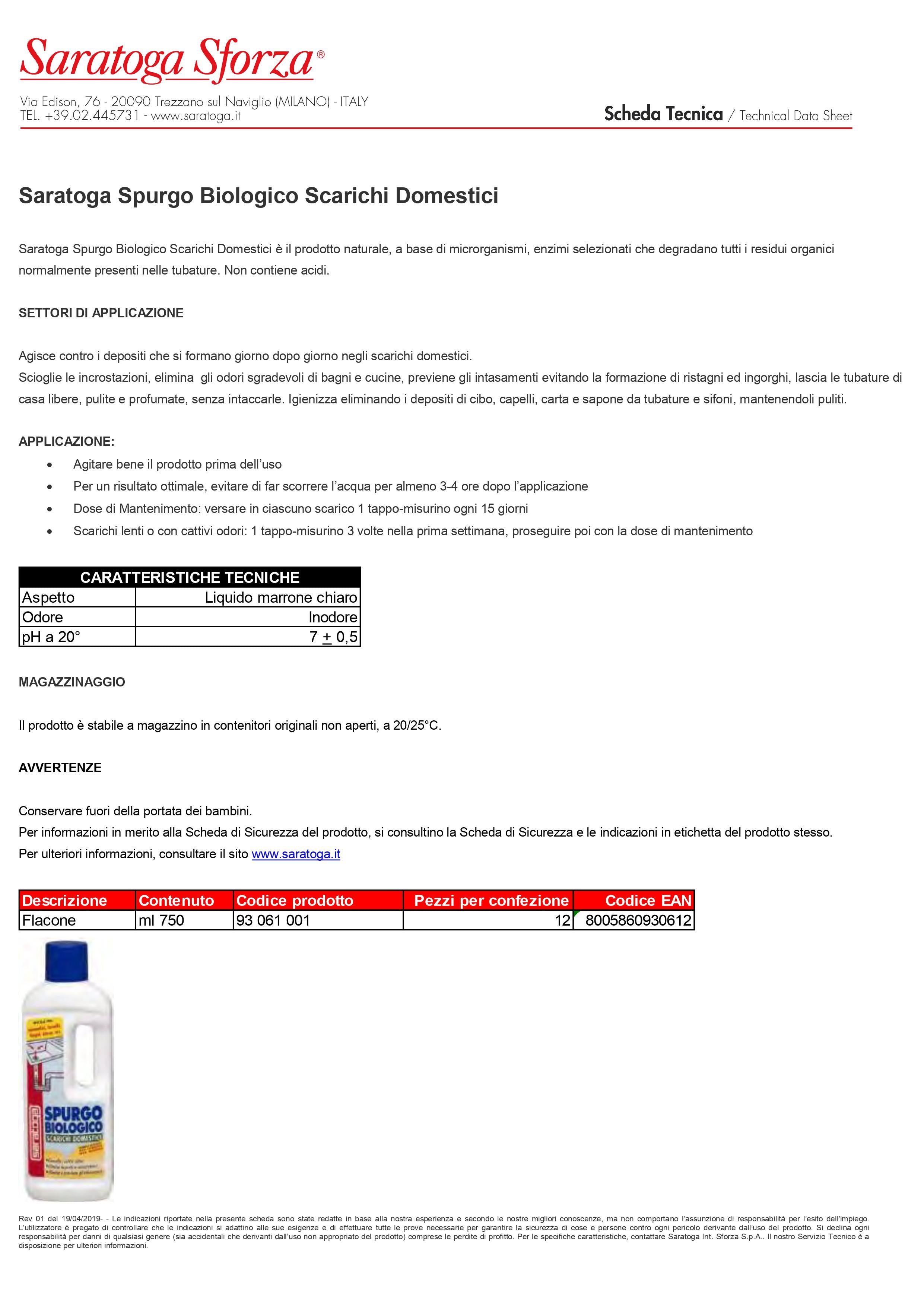SARATOGA - SPURGO BIOLOGICO 750ML